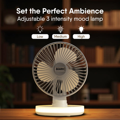 Alpha Desktop Fan with Light, 6 Inches, 4 Speeds, Oscillating Table Fan, Brushless Motor, Wide Angle Adjustment, USB Rechargeable,  Ultra Quiet, Personal Mini Fan for Home Office Bedroom, White